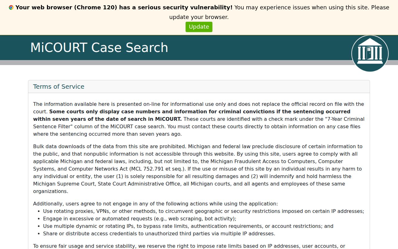 Clare County court case lookup in MiCOURT
