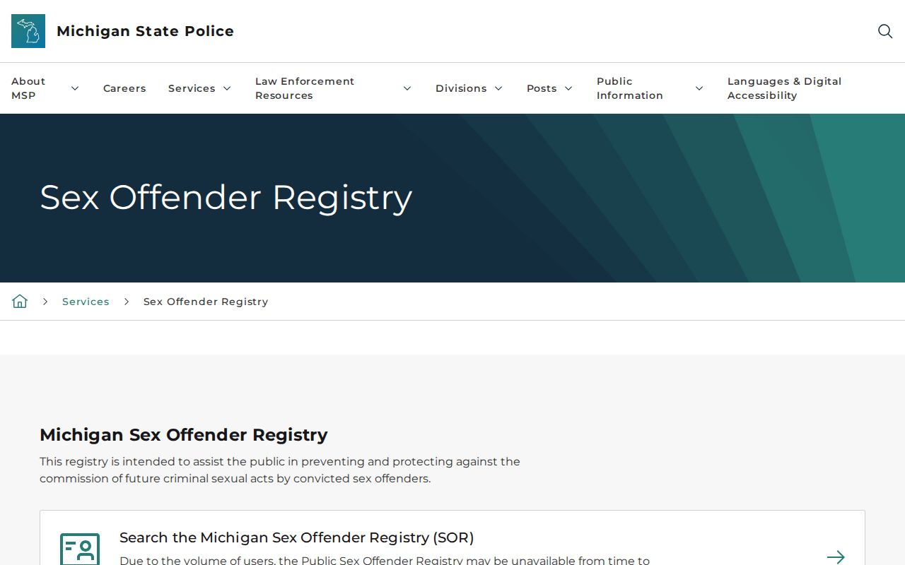 Michigan State Police registry information for Clare County searches