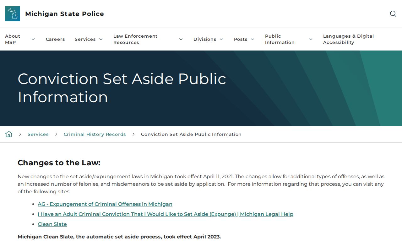 Michigan conviction set-aside instructions for a Clare County criminal record