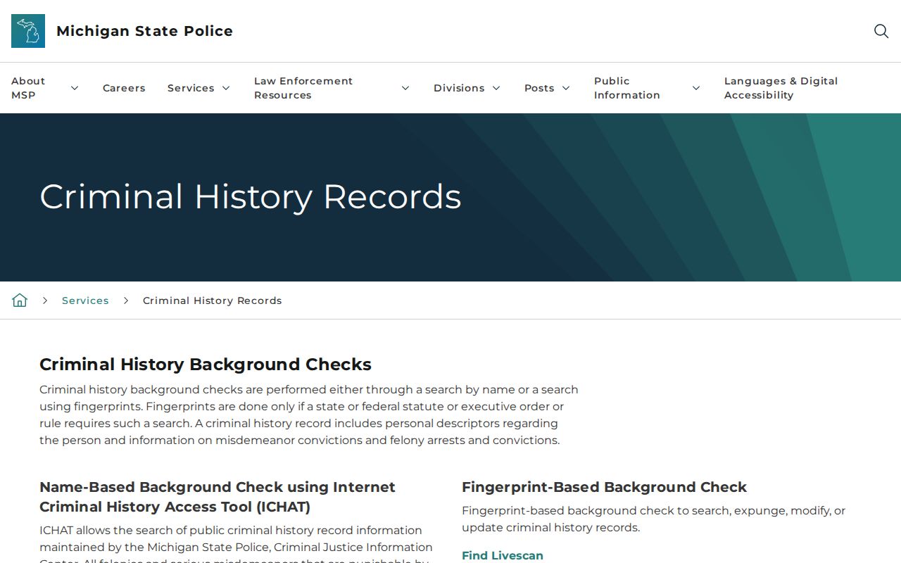 Michigan State Police criminal history services page for Clare County record searches