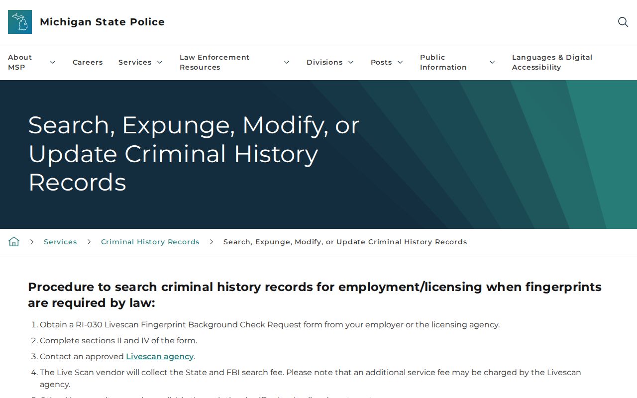 Michigan State Police record review and correction instructions used for Clare County records